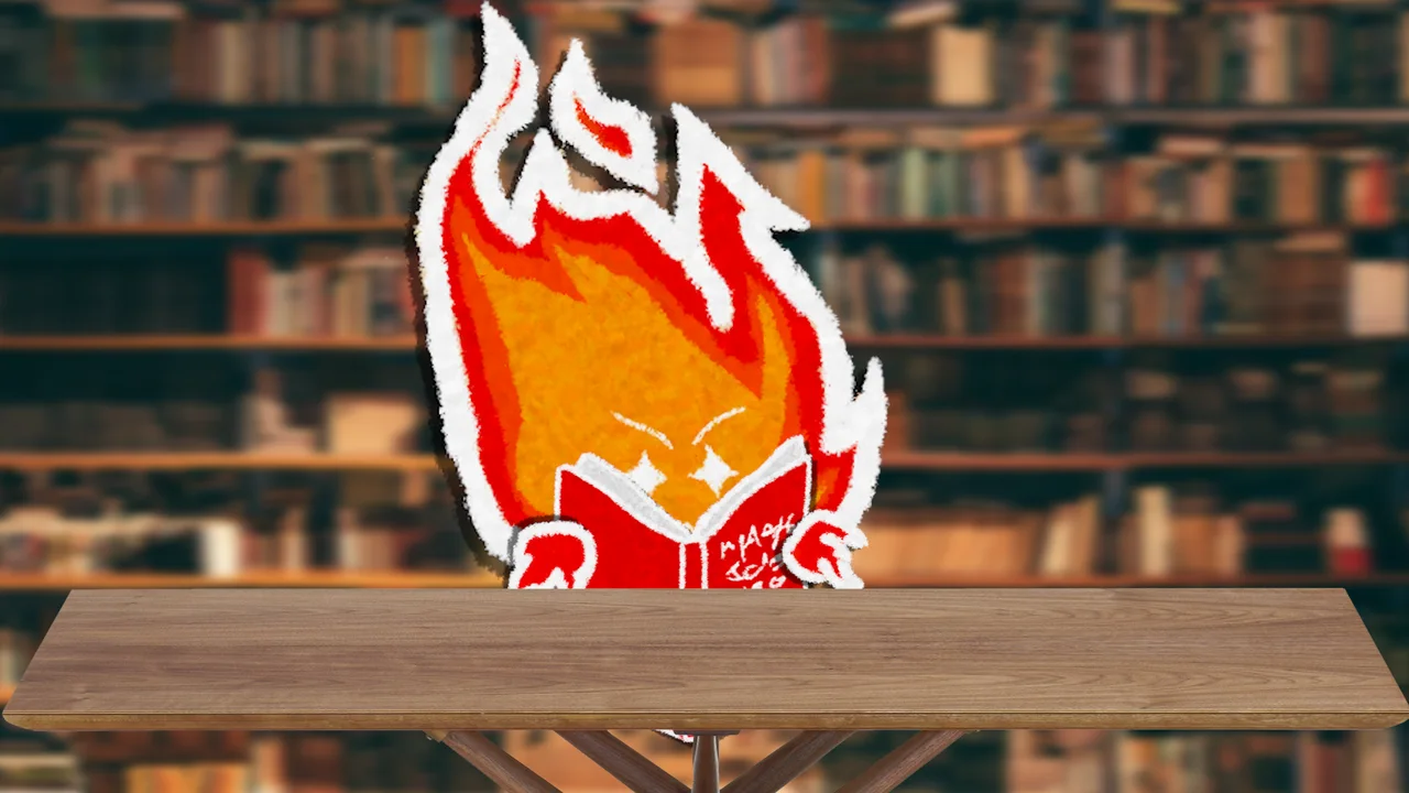 A little flame sitting at a table, reading a book in front of a library of bookshelves